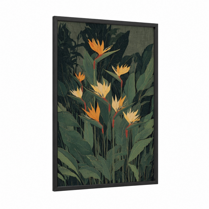 Golden Paradise Blooms framed birds of paradise print — black wood frame — dark green and gold palette