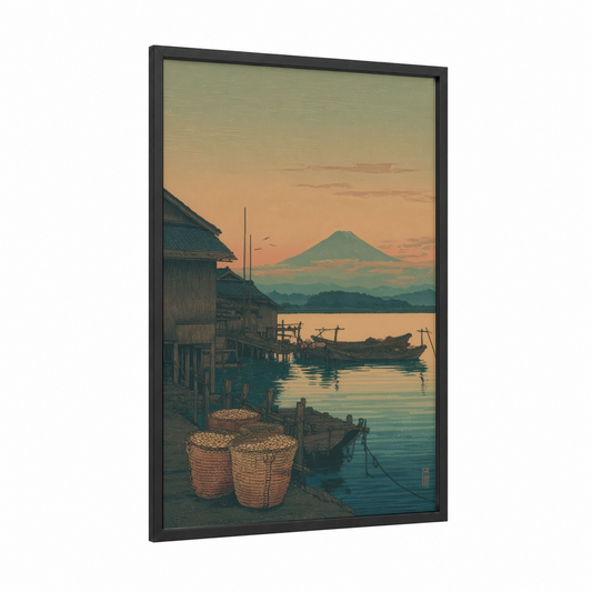 Mount Fuji Harbor framed seafood print — black wood frame — gold and teal palette