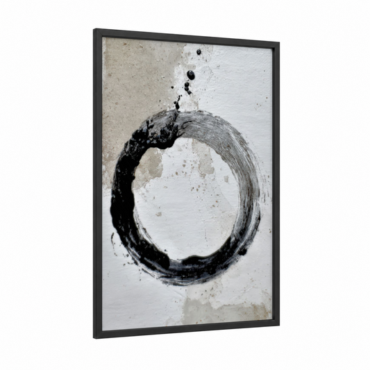 Enso Minimalist framed abstract minimalist print — black wood frame — black and white and gray palette