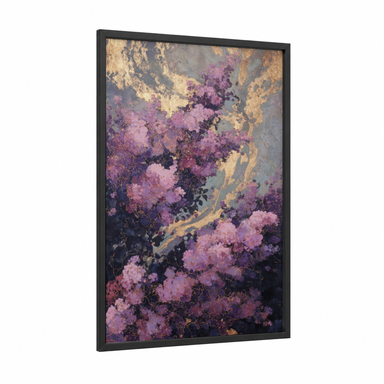 Midnight Lilac framed art print — black wood frame — magenta and gold and pink palette