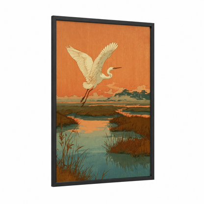 Heron Sunset Flight framed art print — black wood frame — orange and teal palette
