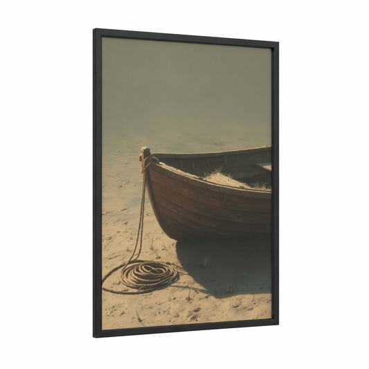 Beached Fishing Boat framed art print — black wood frame — beige and nobel palette