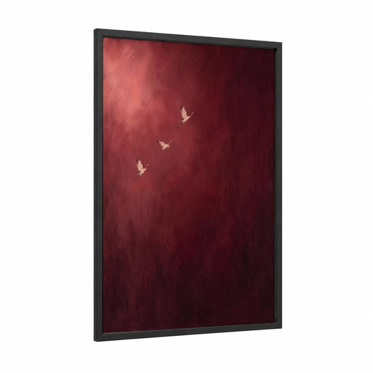 Crimson Sky Cranes Wall Art framed art print — black wood frame — maroon and salmon pink palette