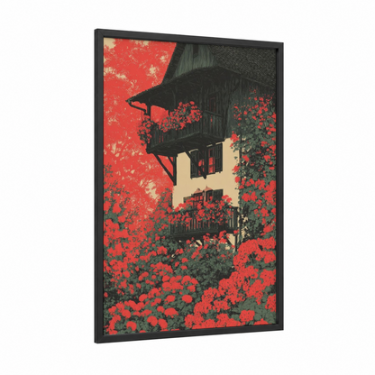 Crimson Cottage Garden framed art print — black wood frame — red and dark green palette