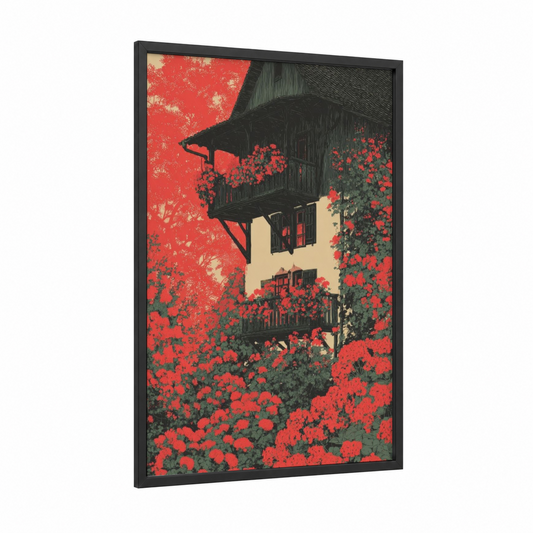 Crimson Cottage Garden framed art print — black wood frame — red and dark green palette