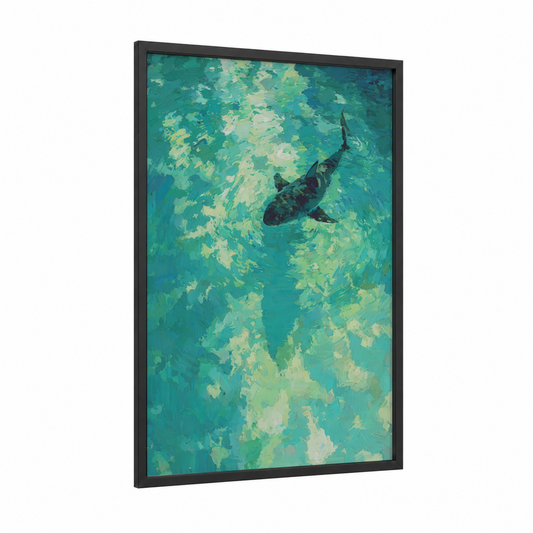 Turquoise Basking Shark framed art print — black wood frame — turquoise and light green palette