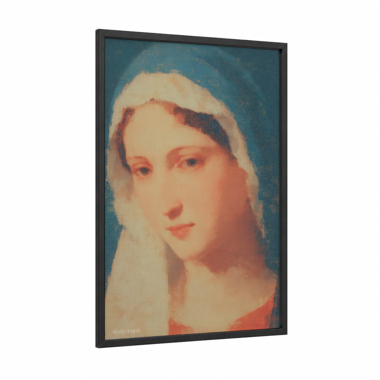 Serene Virgin framed virgin mary print — black wood frame — teal and cream palette