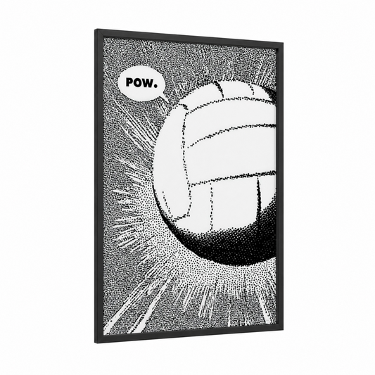 Power Volleyball framed art print — black wood frame — black and white palette