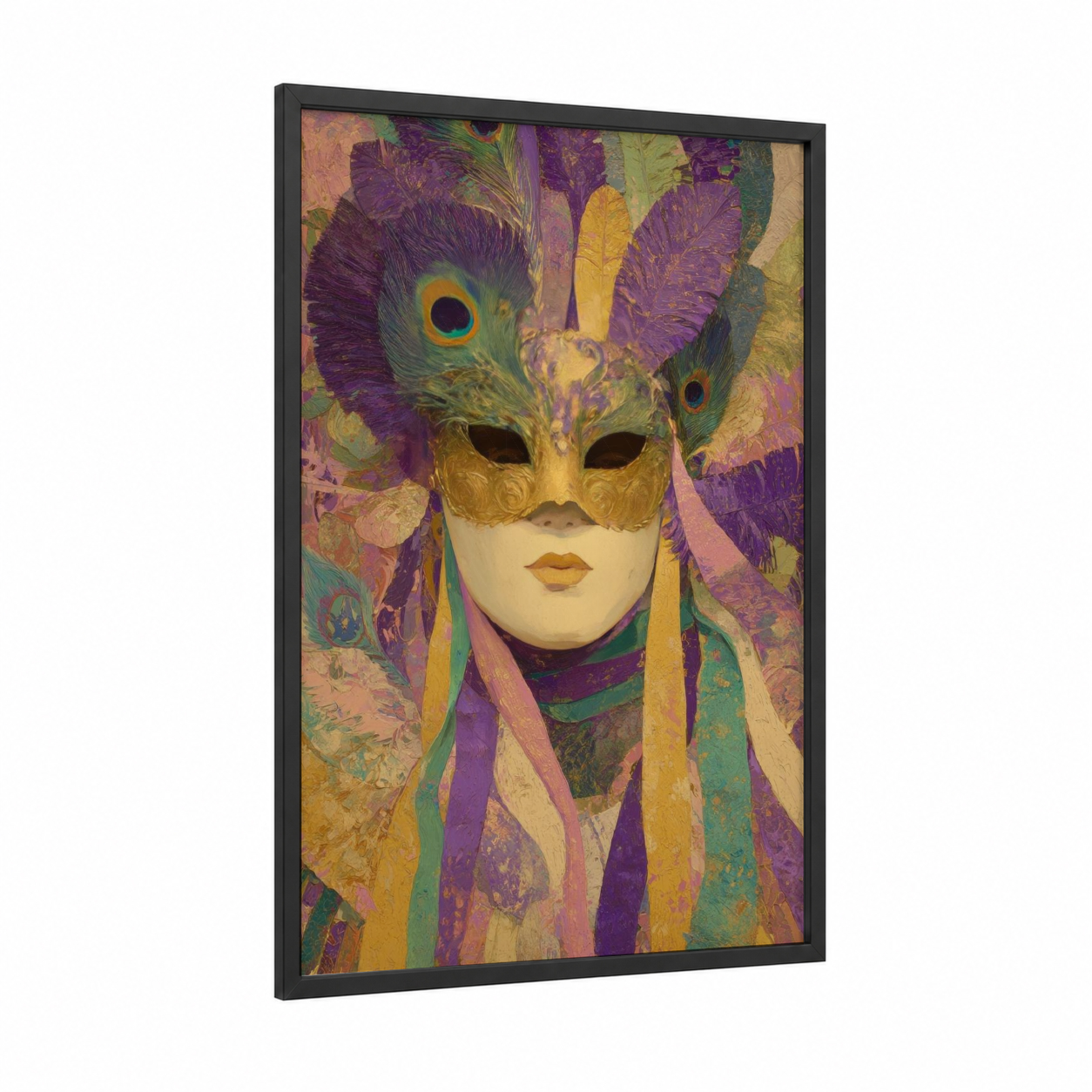 Venetian Peacock Mask framed mardi gras print — black wood frame — magenta and gold palette