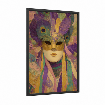 Venetian Peacock Mask framed mardi gras print — black wood frame — magenta and gold palette