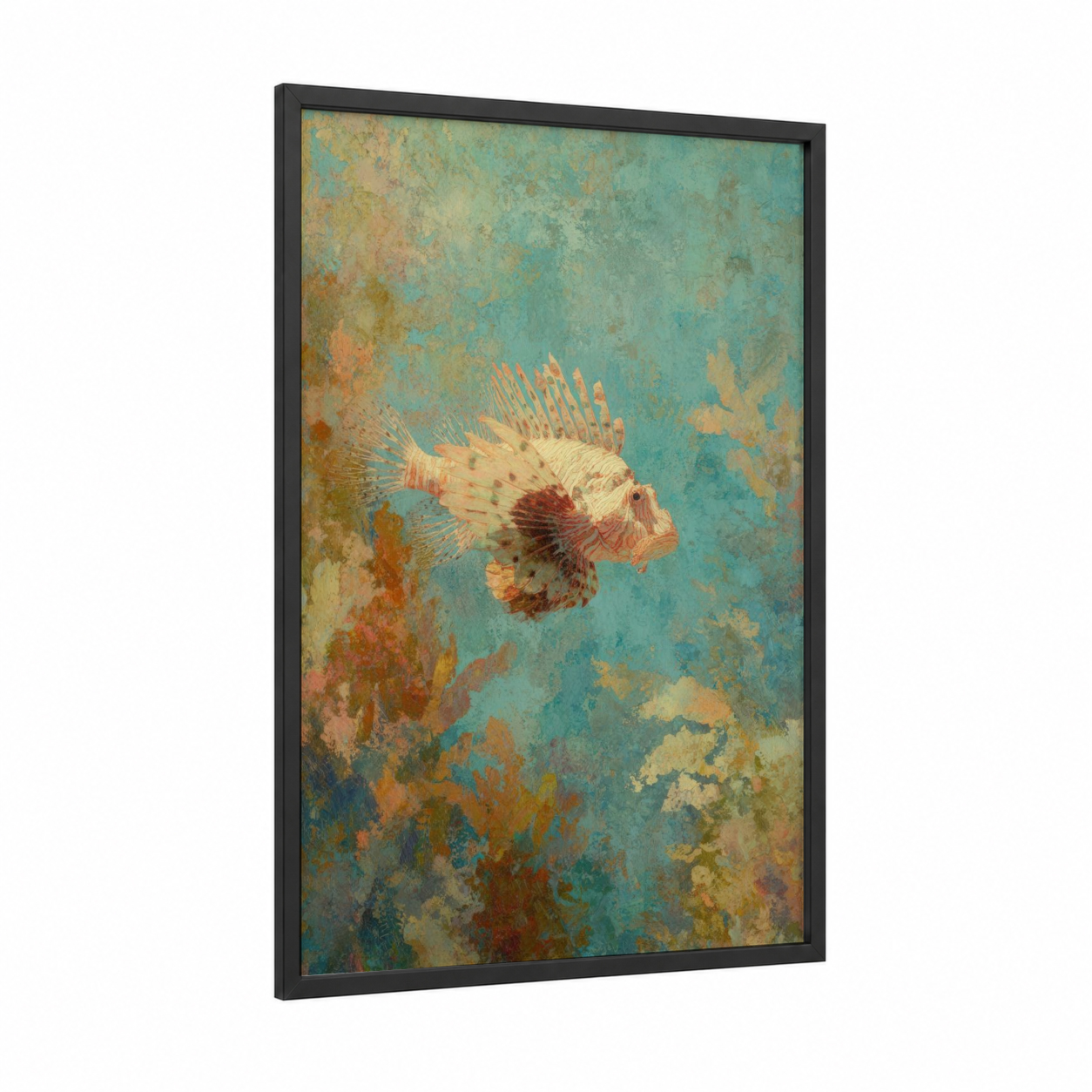 Crimson Lionfish framed art print — black wood frame — teal and gold palette