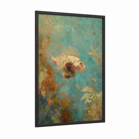 Crimson Lionfish framed art print — black wood frame — teal and gold palette