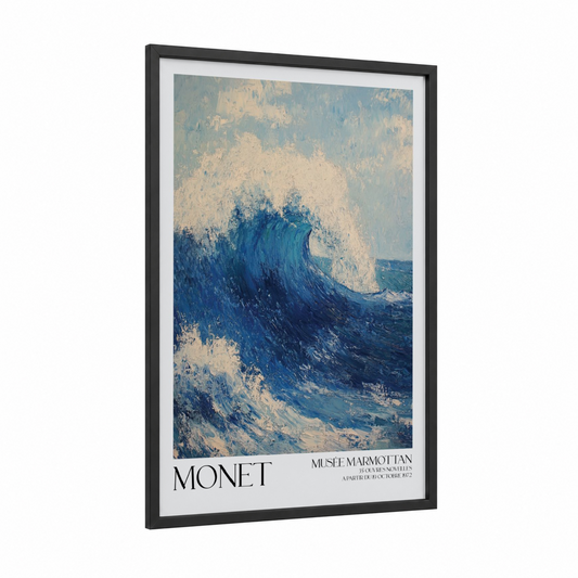 Dramatic Ocean Wave framed seascapes and ocean print — black wood frame — blue and cream palette