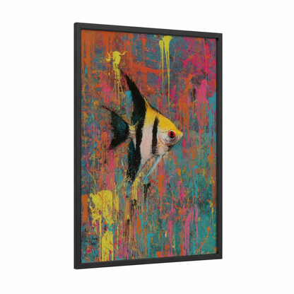 Vibrant Angel Fish framed art print — black wood frame — magenta and teal palette