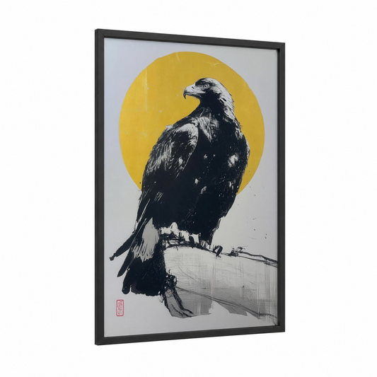 Golden Eagle Perch framed art print — black wood frame — gold and black and white palette