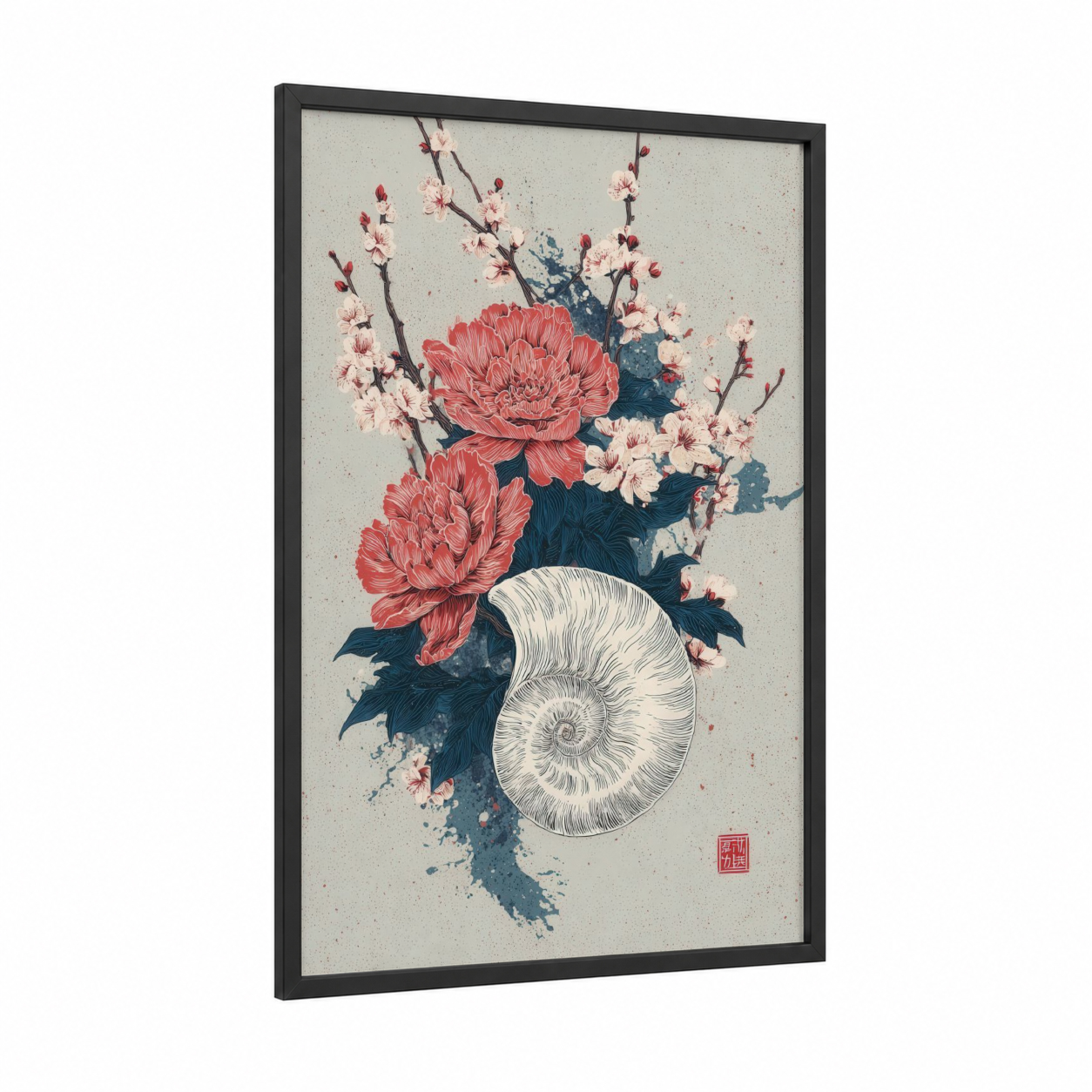 Coral Nautilus framed art print — black wood frame — salmon pink and dark blue palette