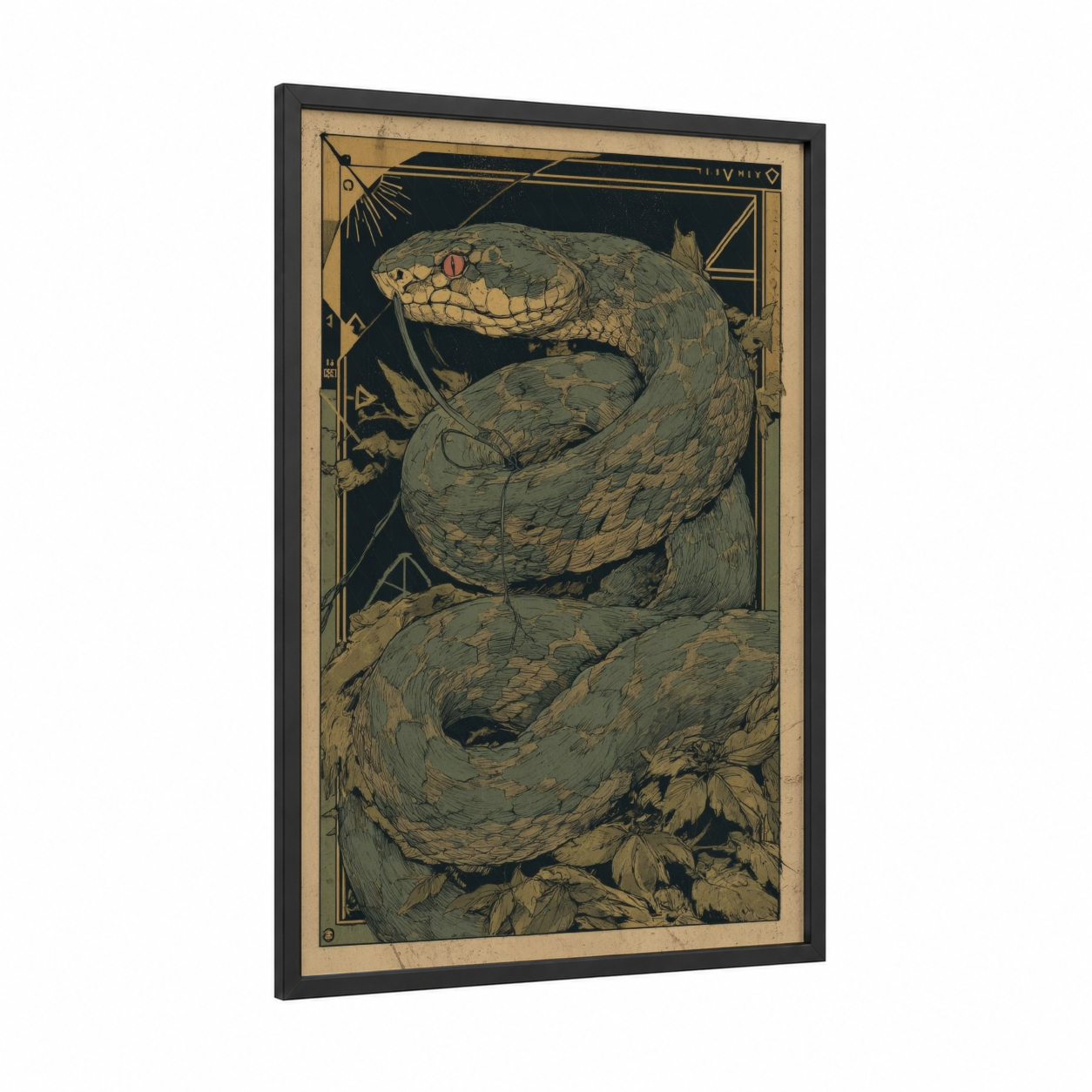 Coiled Rattlesnake framed art print — black wood frame — sage green and gold palette
