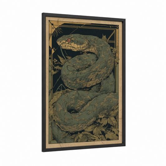 Coiled Rattlesnake framed art print — black wood frame — sage green and gold palette