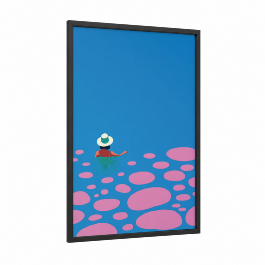 Serene Swimming Moment framed art print — black wood frame — blue and pink palette