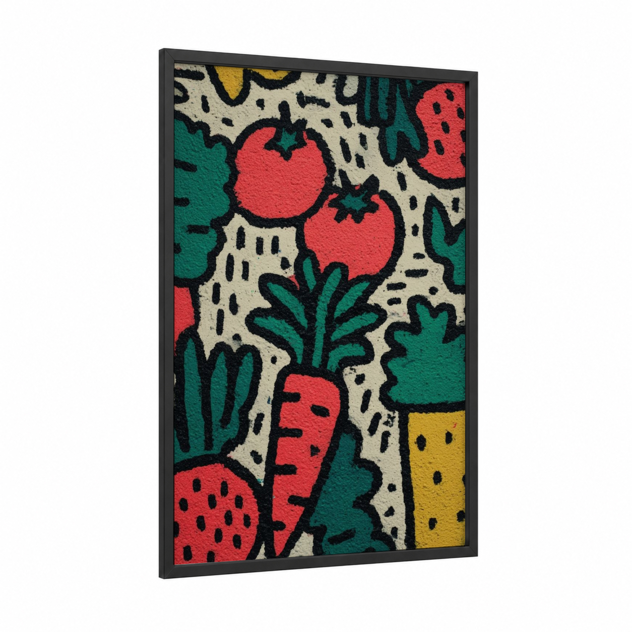 Garden Salad Pop framed art print — black wood frame — red and true green palette