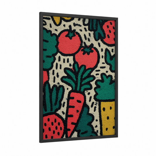 Garden Salad Pop framed art print — black wood frame — red and true green palette
