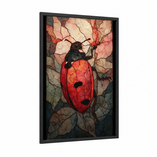 Crimson Ladybug framed art print — black wood frame — red and gold palette