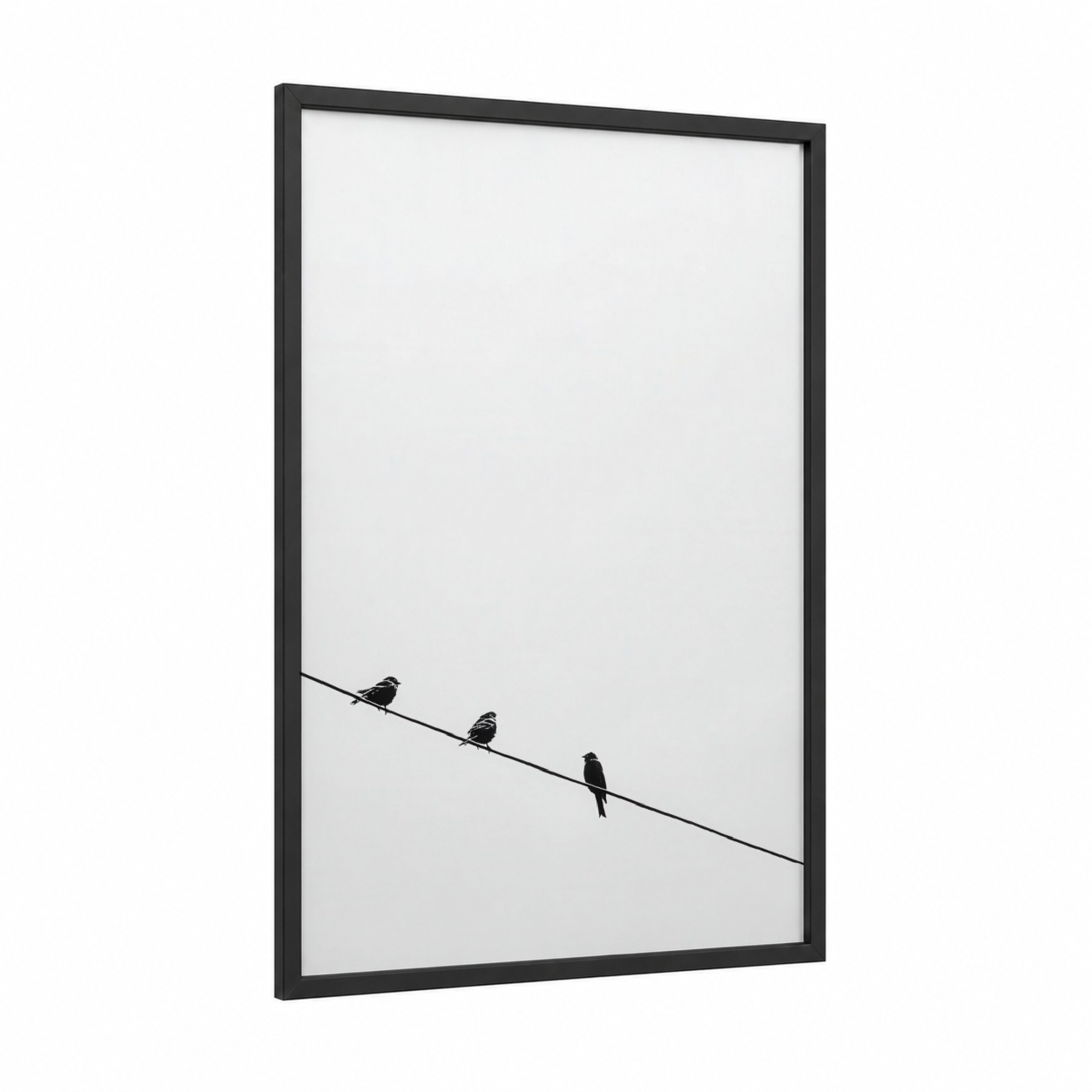 Wire Perched Finches framed art print — black wood frame — black and white and gray palette