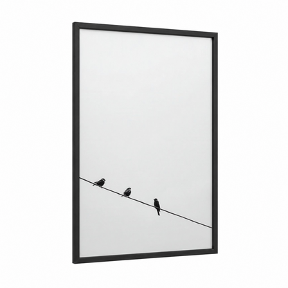 Wire Perched Finches framed art print — black wood frame — black and white and gray palette