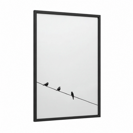 Wire Perched Finches framed art print — black wood frame — black and white and gray palette