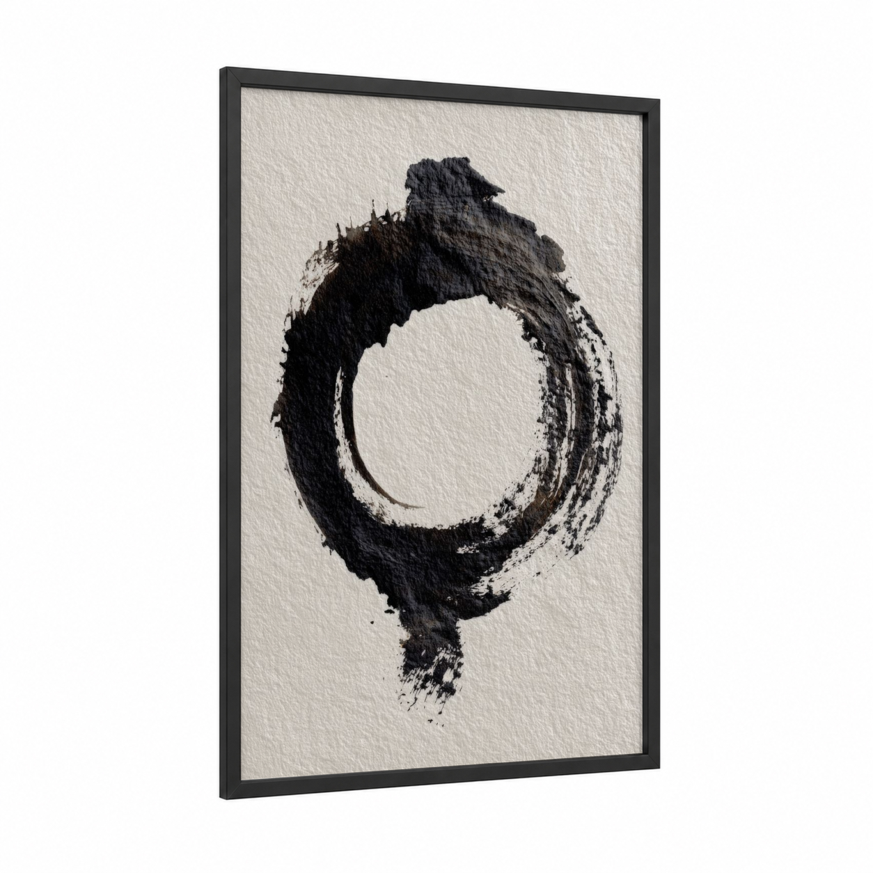 Charcoal Enso framed abstract minimalist print — black wood frame — black and white and cream palette