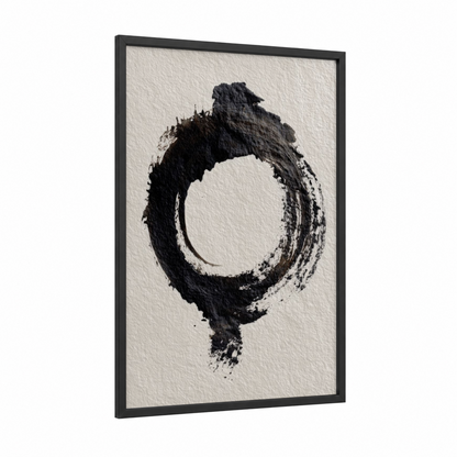 Charcoal Enso framed abstract minimalist print — black wood frame — black and white and cream palette