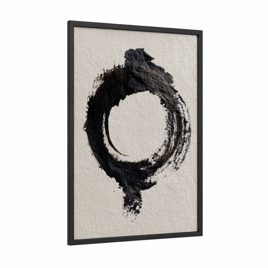 Charcoal Enso framed abstract minimalist print — black wood frame — black and white and cream palette