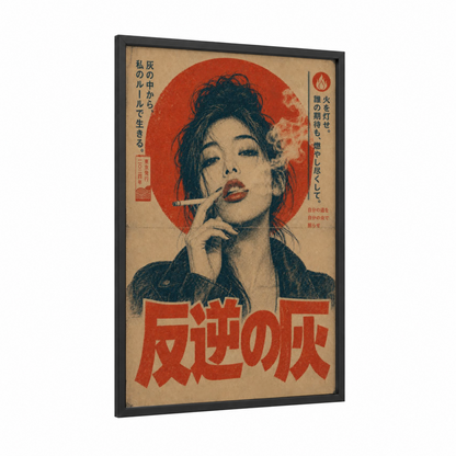 Retro Japanese Smoking Advertisement Wall Art framed art print — black wood frame — red and beige palette