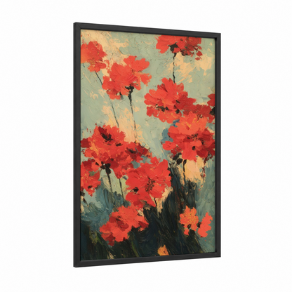 Crimson Geranium Study framed art print — black wood frame — red and sage green palette