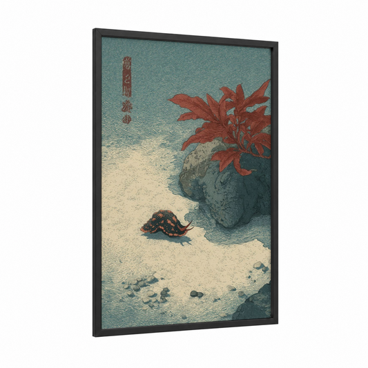 Crimson Nudibranch framed art print — black wood frame — teal and russet palette