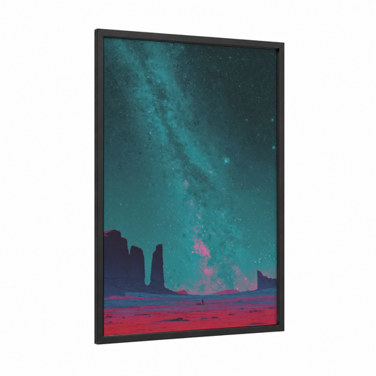 Desert Nebula framed space print — black wood frame — turquoise and magenta palette