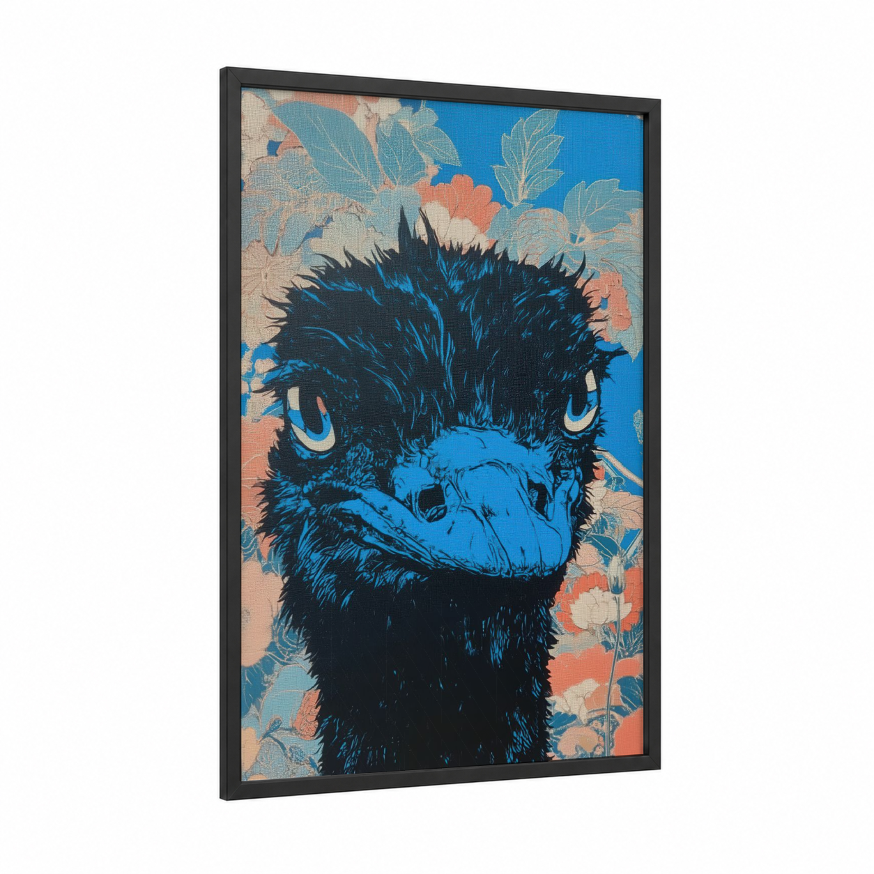 Bold Blue Ostrich framed art print — black wood frame — blue and orange palette