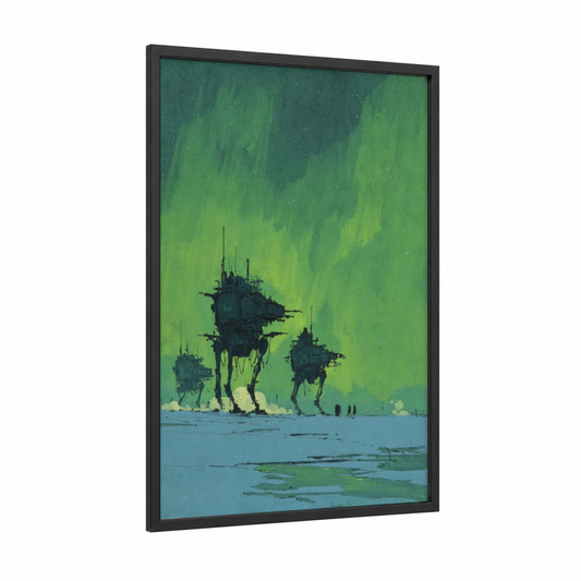 Aurora Walkers framed sci-fi print — black wood frame — light green and dark blue palette
