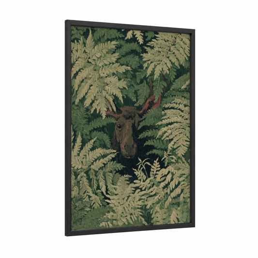 Fern Moose framed art print — black wood frame — green and cream palette