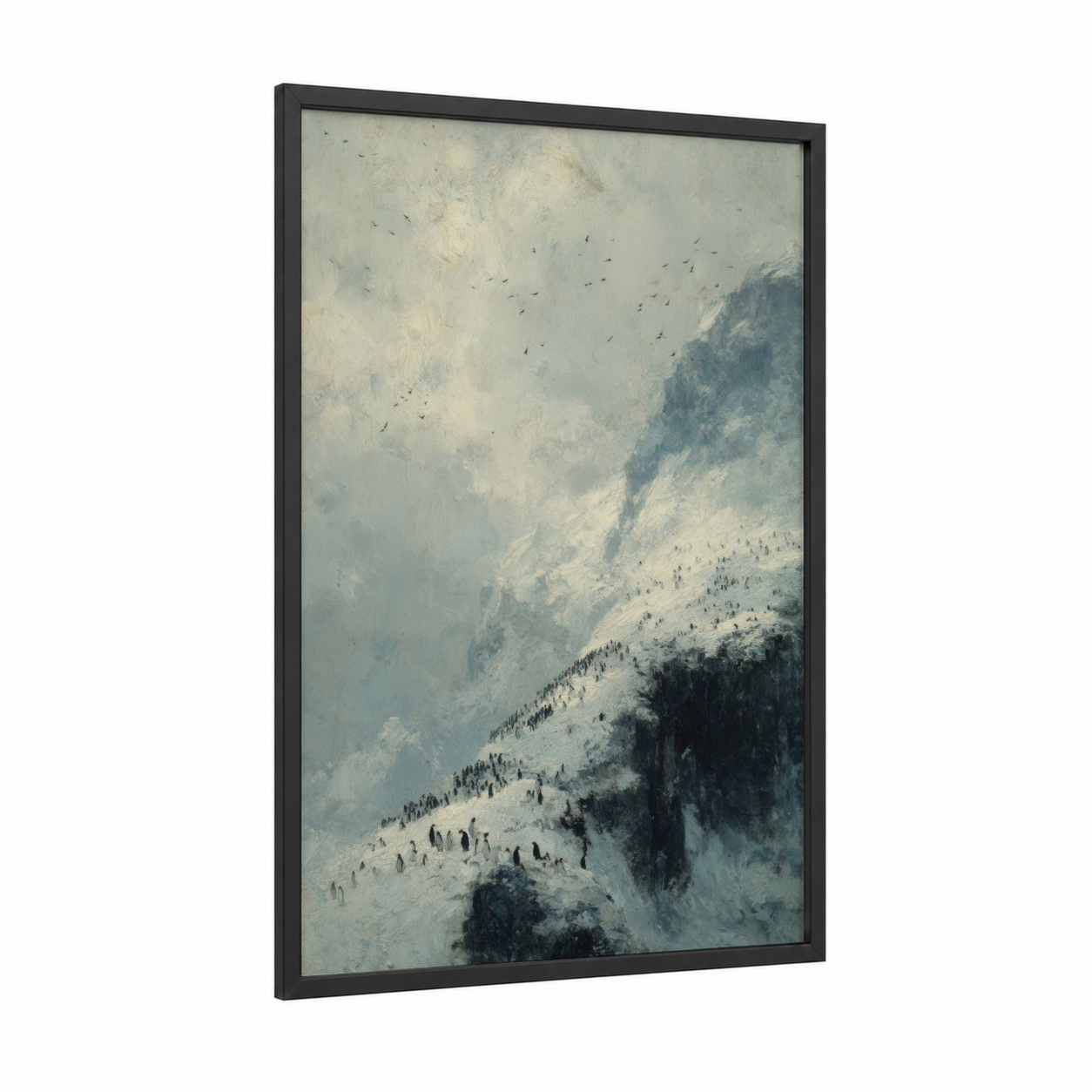 Snowy Penguin Gather framed art print — black wood frame — white and dove gray palette