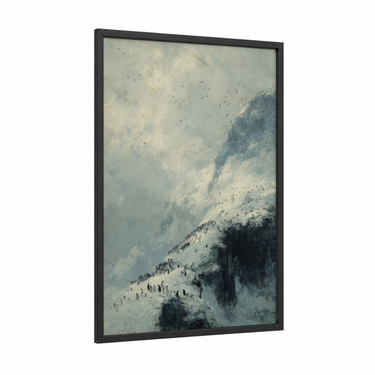 Snowy Penguin Gather framed art print — black wood frame — white and dove gray palette