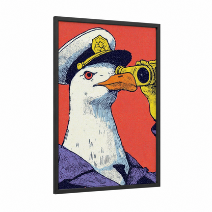 Captain Seagull framed spyglass print — black wood frame — red and white palette