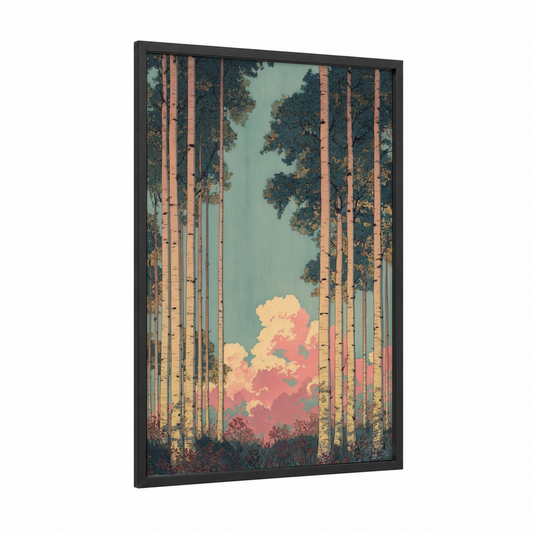 Sunset Aspen Forest framed art print — black wood frame — teal and peach palette