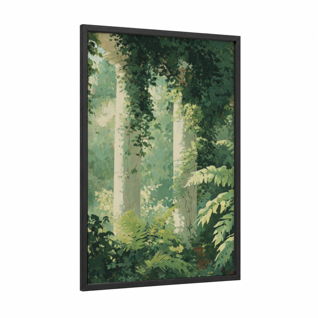 Verdant Columns framed art print — black wood frame — green and cream palette