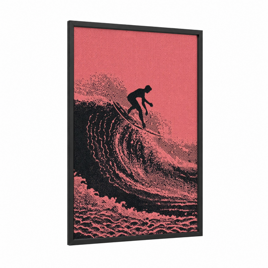 Coastal Wave Rider framed water surfing print — black wood frame — salmon pink and black palette