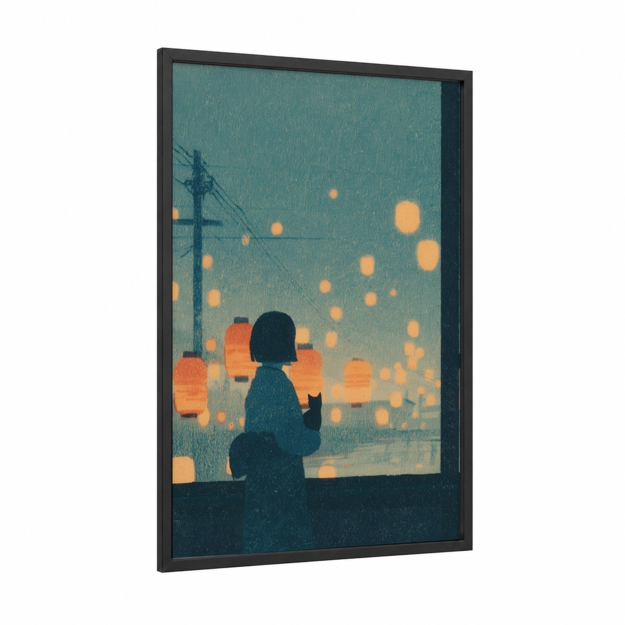Lantern Dreams framed kids animals print — black wood frame — teal and gold palette