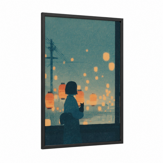 Lantern Dreams framed kids animals print — black wood frame — teal and gold palette