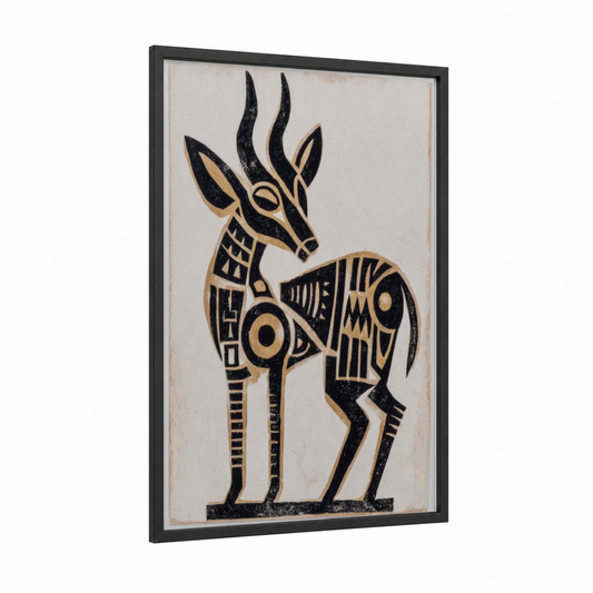 Geometric Antelope framed abstract traditional print — black wood frame — black and white and cream palette