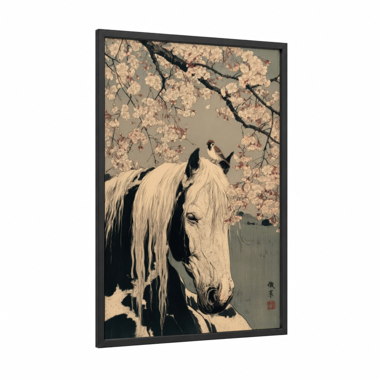 Blossom Clydesdale framed clydesdale horse print — black wood frame — cream and sage green palette