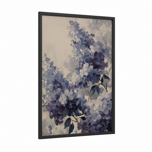 Misty Lilac framed art print — black wood frame — lavender and blue and white palette